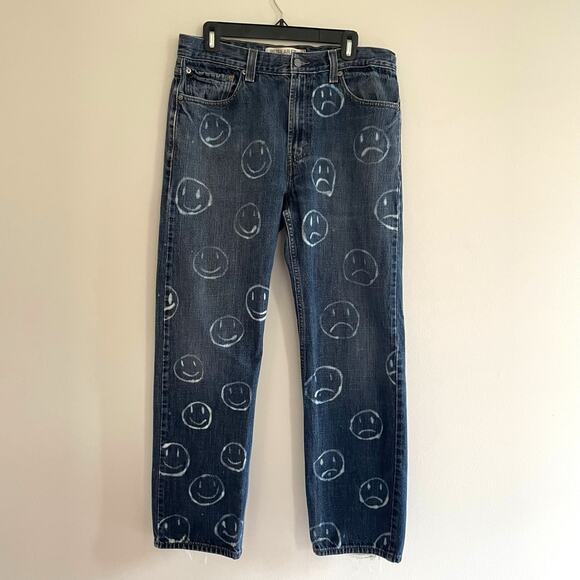 LEVI'S 505 Regular Fit Bleach Smiley Face Denim Jeans Frayed Hem Size 34/30 - Picture 15 of 16